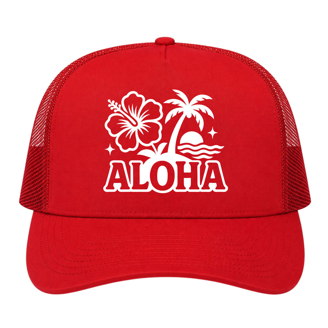 Red Aloha Palm Tree Hibiscus Flower Print Golf Trucker Hat