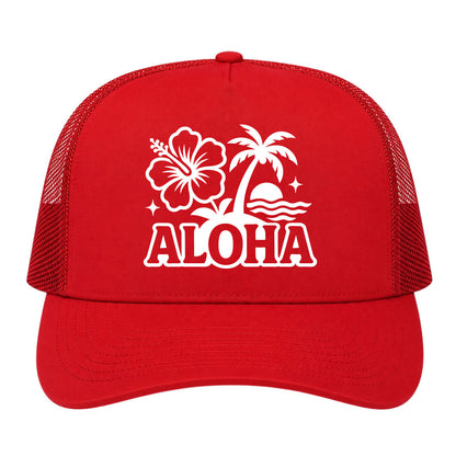 Red Aloha Palm Tree Hibiscus Flower Print Golf Trucker Hat