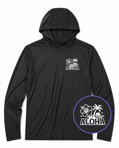 Black Aloha Palm Tree Hibiscus Flower Print Men's Lightweight Performance Golf Hoodie