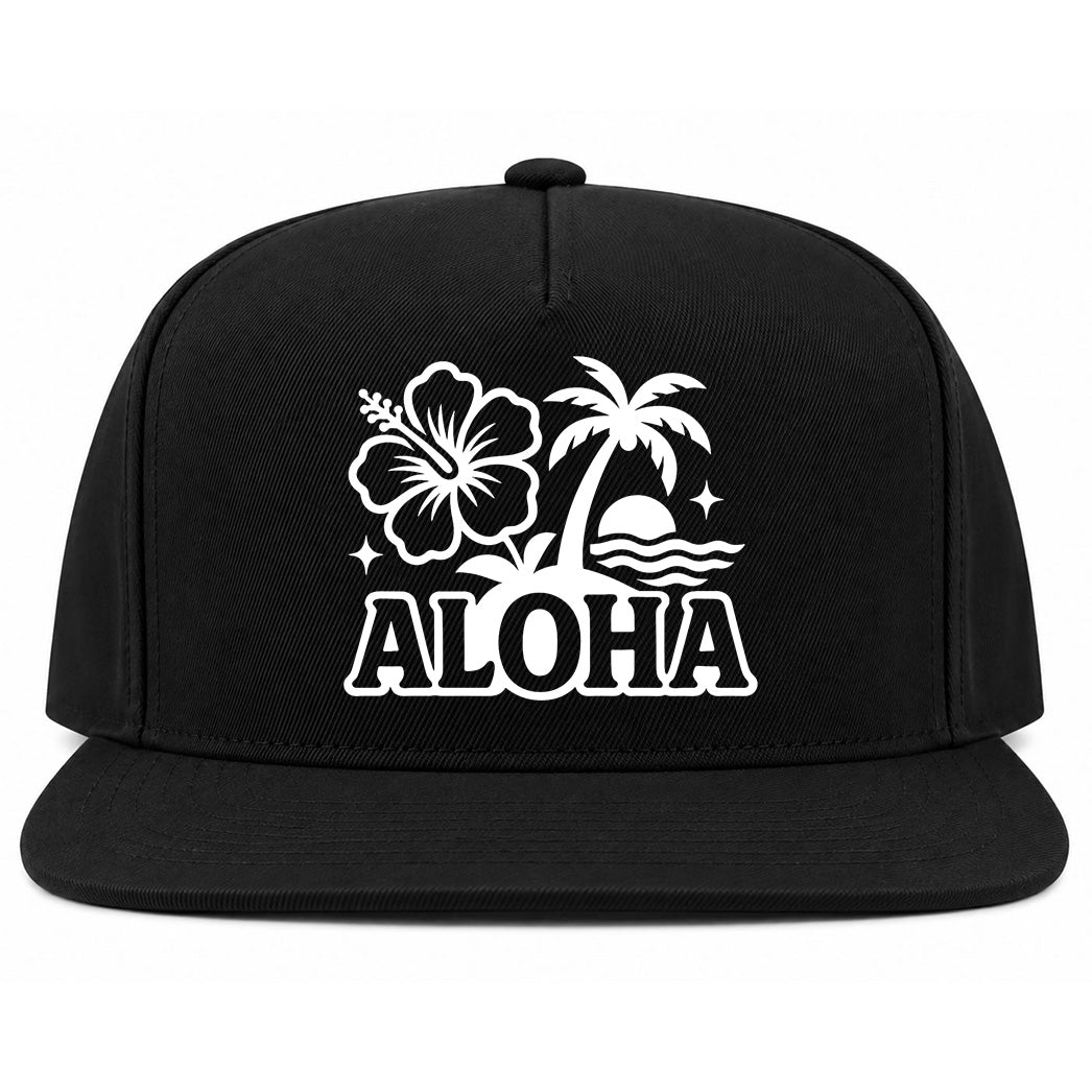 Black Aloha Palm Tree Hibiscus Flower Print Golf Snapback Hat