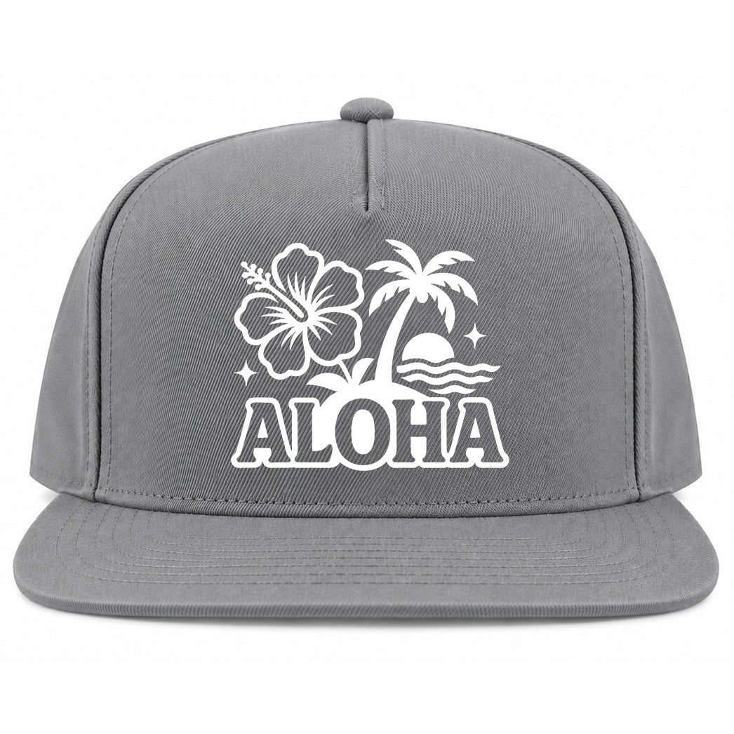 Grey Aloha Palm Tree Hibiscus Flower Print Golf Snapback Hat