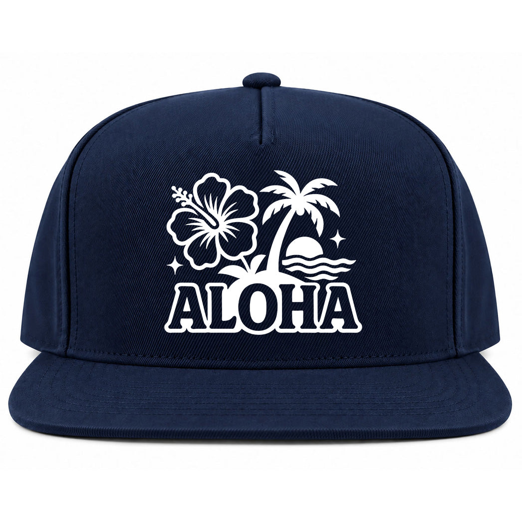Navy Blue Aloha Palm Tree Hibiscus Flower Print Golf Snapback Hat