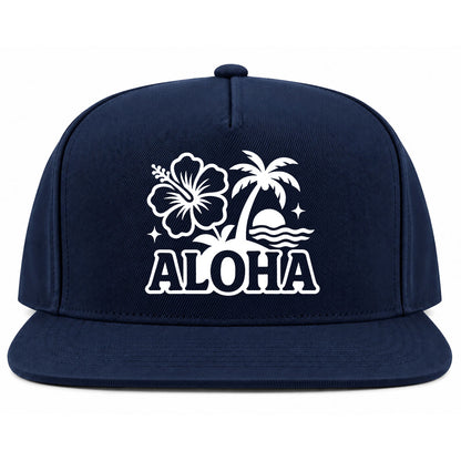 Navy Blue Aloha Palm Tree Hibiscus Flower Print Golf Snapback Hat