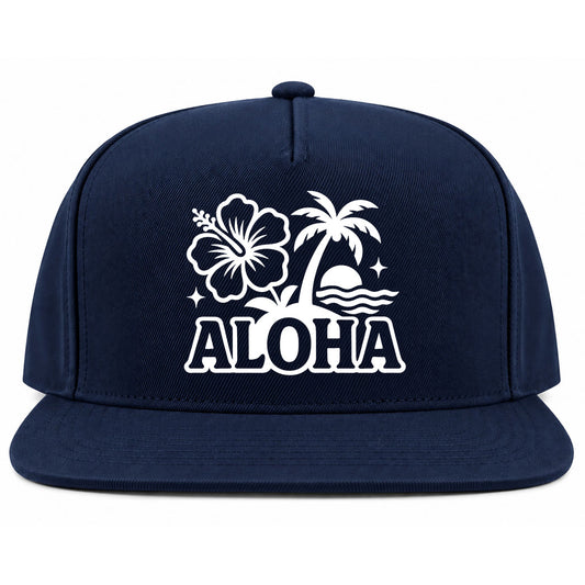 Navy Blue Aloha Palm Tree Hibiscus Flower Print Golf Snapback Hat