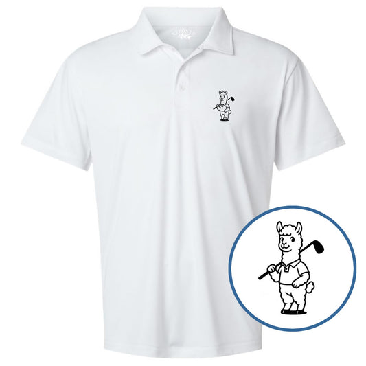 White Alpaca With Golf Club Men's Short Sleeve Golf Polo Shirt