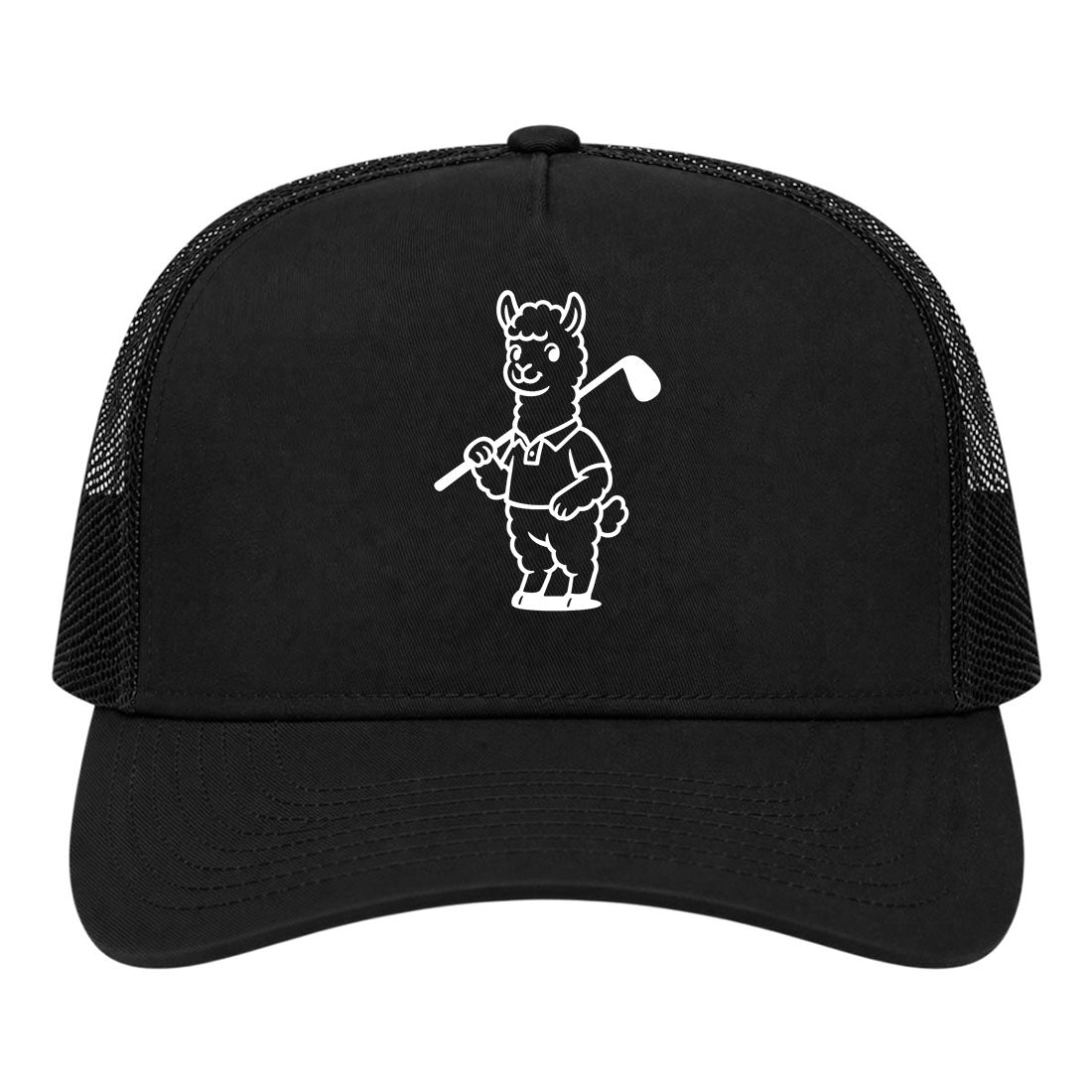 Black Alpaca With Golf Club Golf Trucker Hat