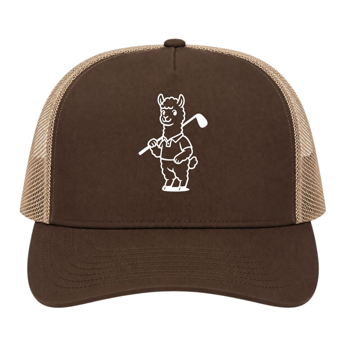 Brown Alpaca With Golf Club Golf Trucker Hat