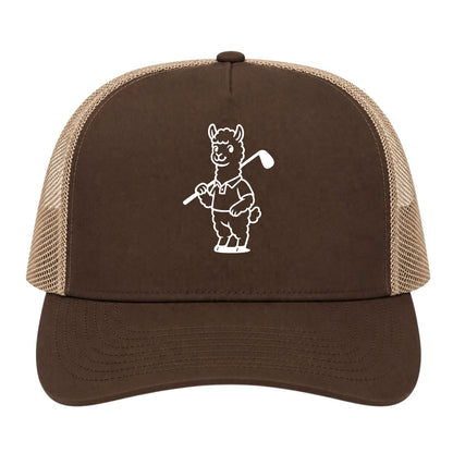 Brown Alpaca With Golf Club Golf Trucker Hat
