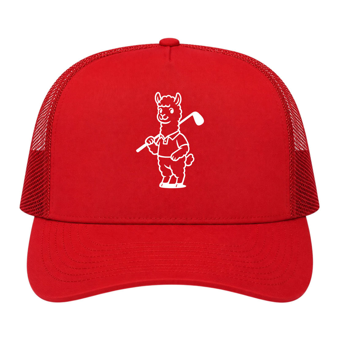 Red Alpaca With Golf Club Golf Trucker Hat