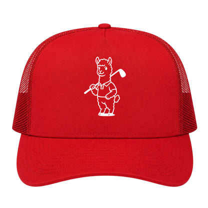 Red Alpaca With Golf Club Golf Trucker Hat