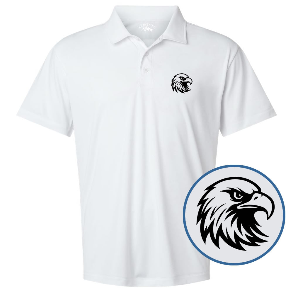 White polo shirt with eagle logo and close-up of eagle emblem on a white background