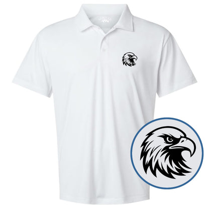 White polo shirt with eagle logo and close-up of eagle emblem on a white background