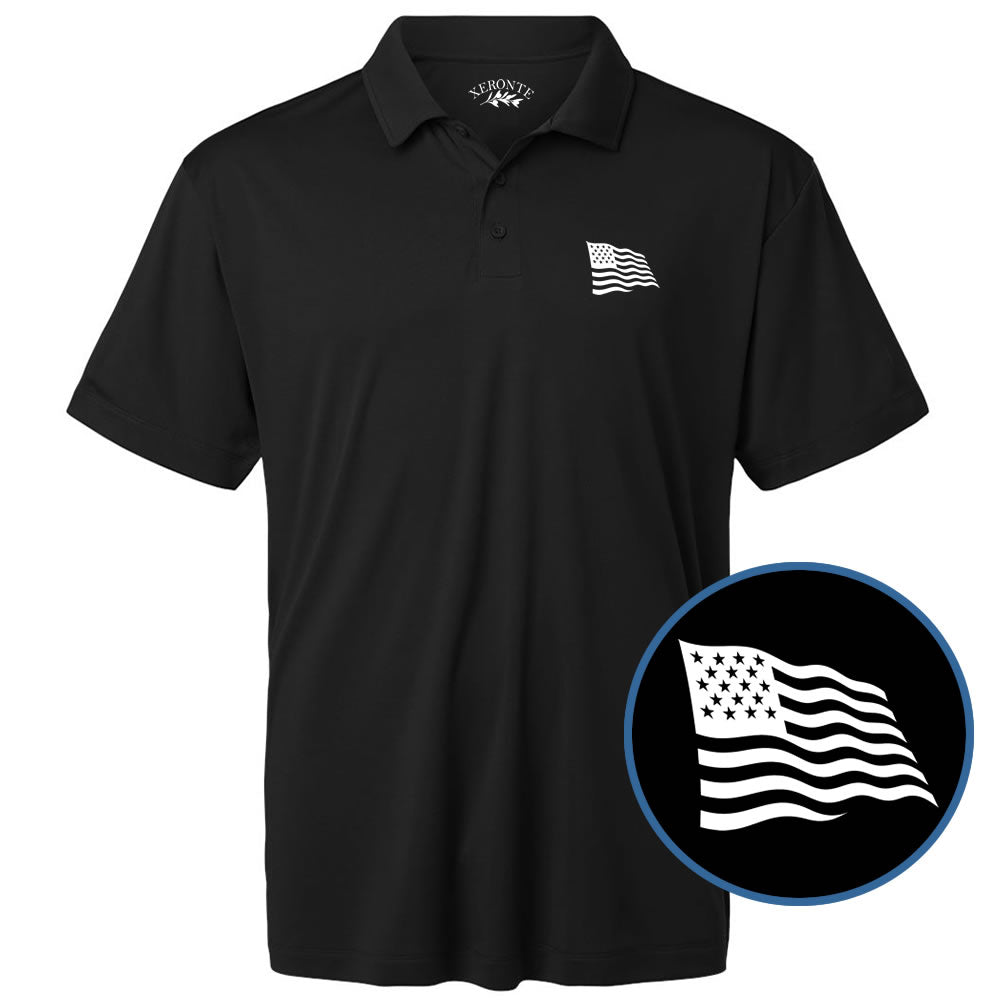 Black polo shirt with American flag logo on a white background