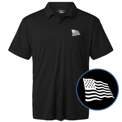 Black polo shirt with American flag logo on a white background