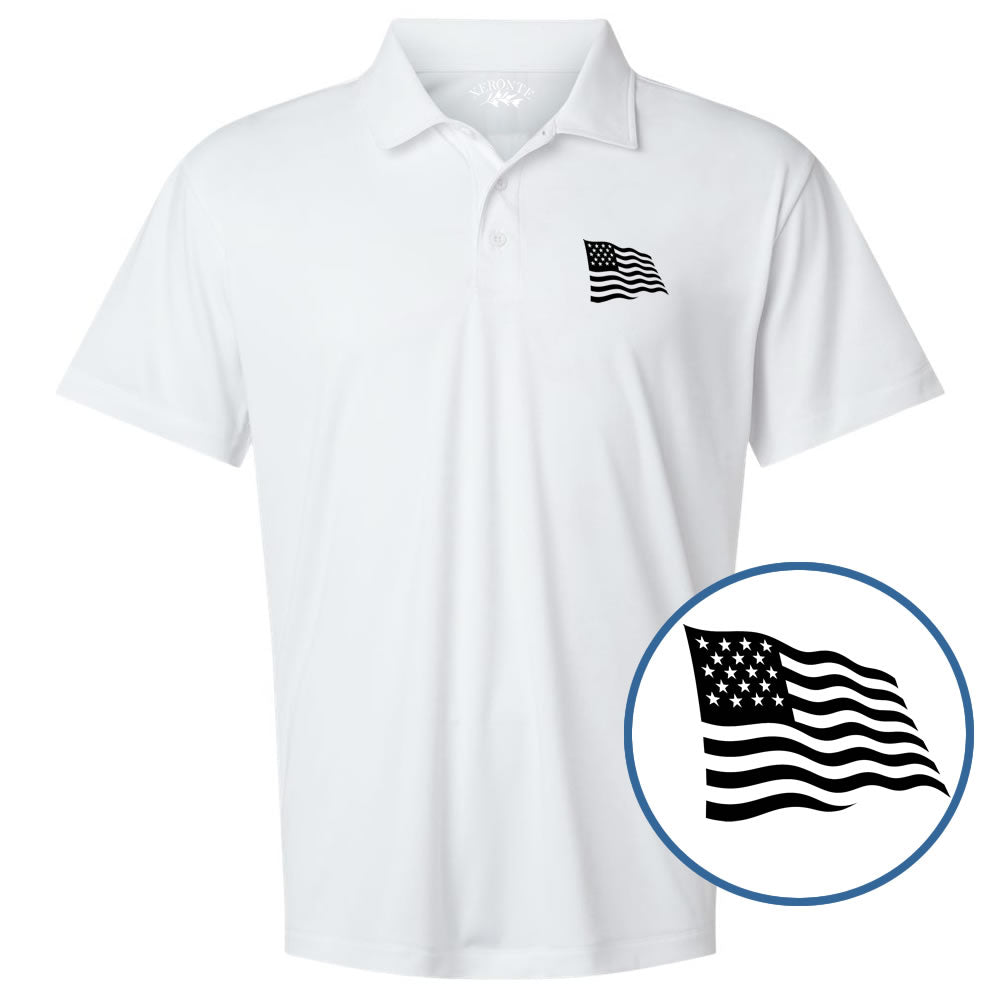 White polo shirt with American flag design on a white background