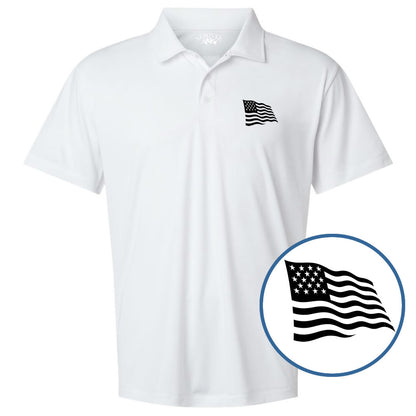 White polo shirt with American flag design on a white background