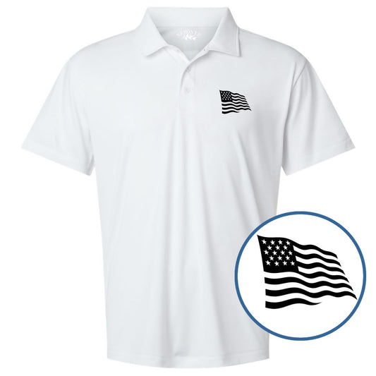 White polo shirt with American flag design on a white background