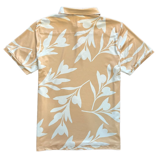 Beige And White Olive Branch Print Men's Golf Shirt