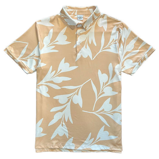 Beige And White Olive Branch Print Men's Golf Shirt