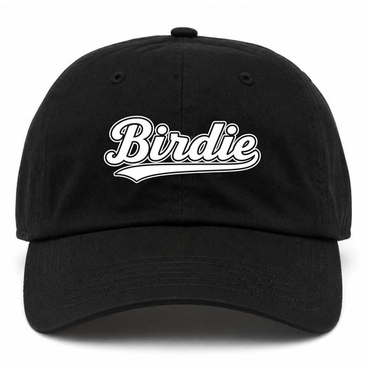 Black Birdie Varsity Script Golf Dad Hat