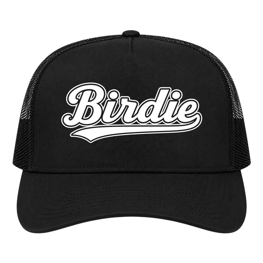 Black Birdie Varsity Script Golf Trucker Hat