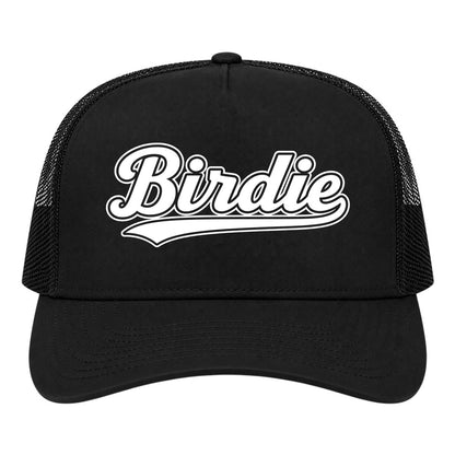 Black Birdie Varsity Script Golf Trucker Hat