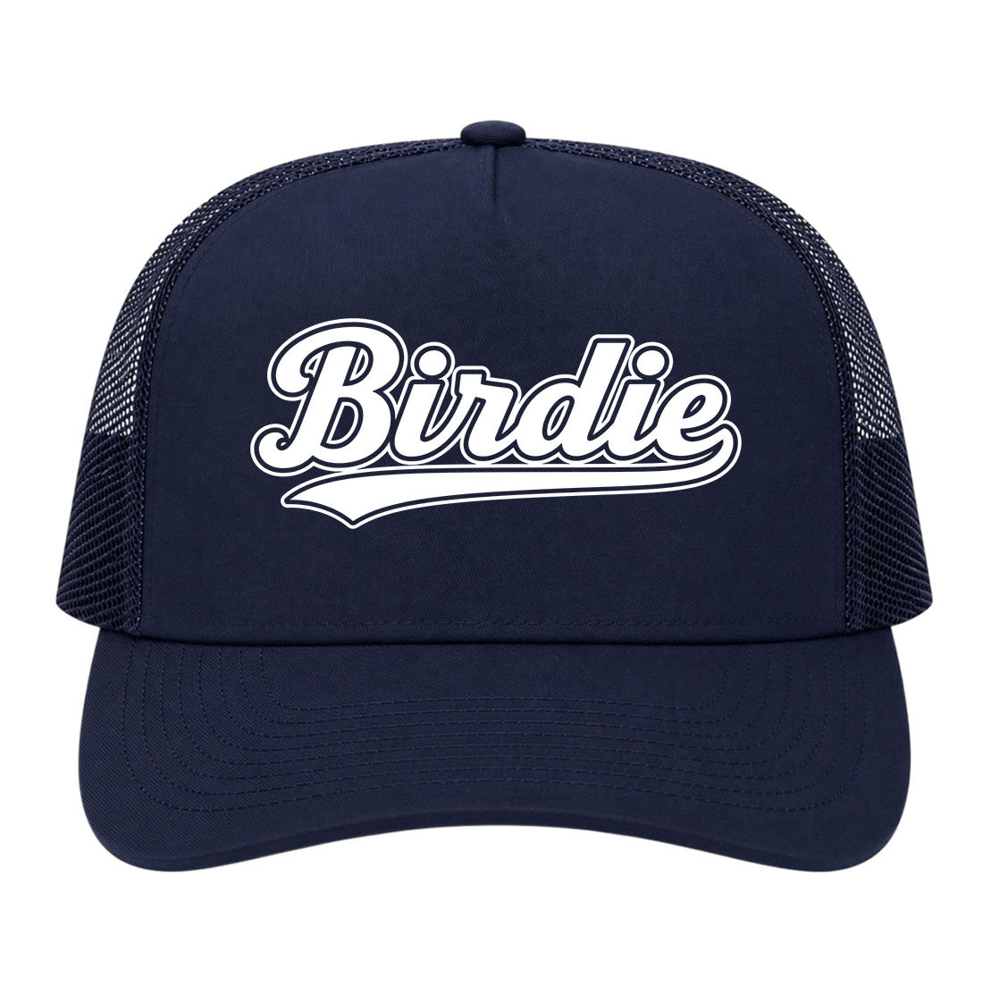 Navy Blue Birdie Varsity Script Golf Trucker Hat