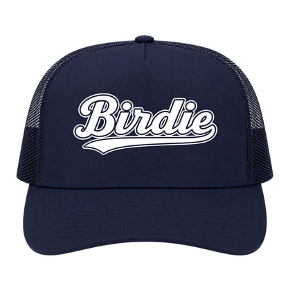 Navy Blue Birdie Varsity Script Golf Trucker Hat