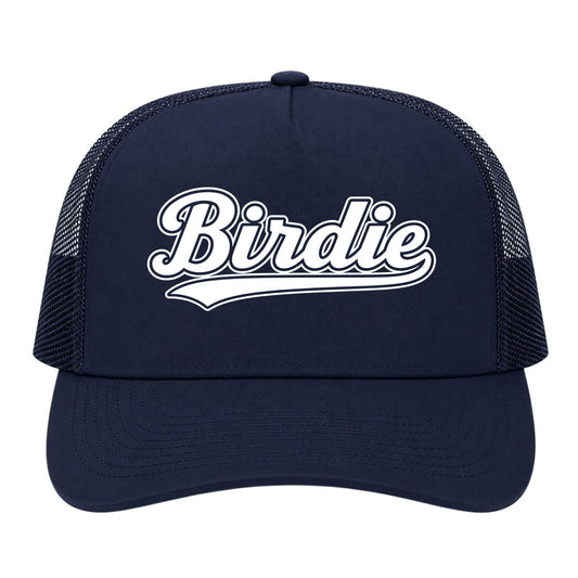 Navy Blue Birdie Varsity Script Golf Trucker Hat