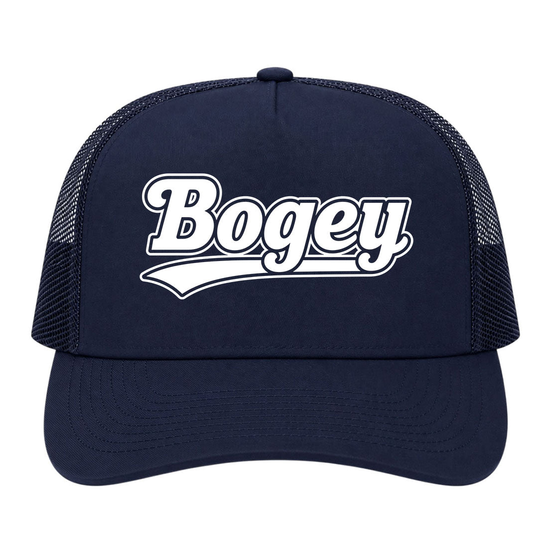 Navy Blue Bogey Varsity Script Golf Trucker Hat