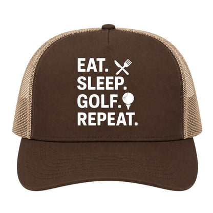 Brown Eat Sleep Golf Repeat Golf Trucker Hat