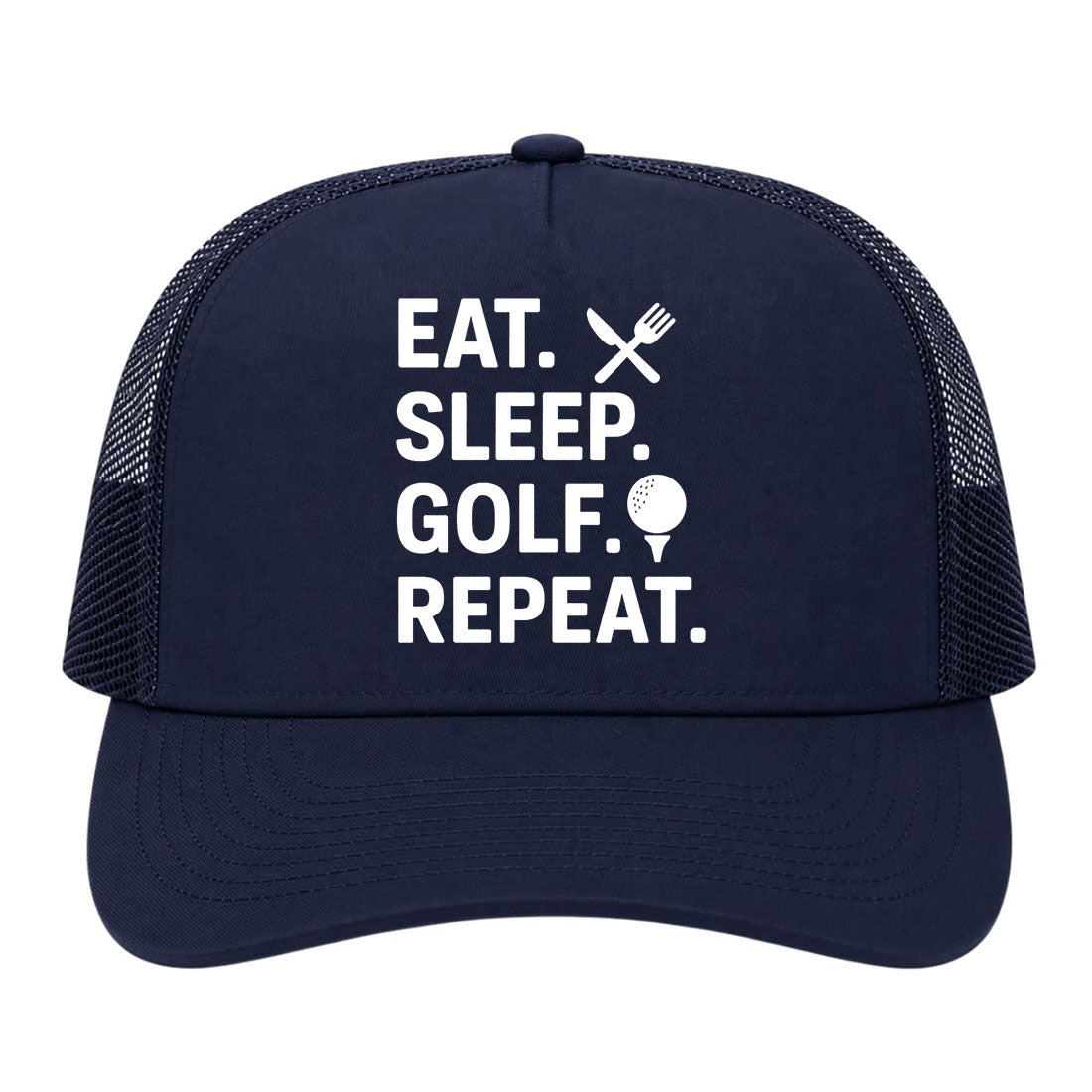 Navy Blue Eat Sleep Golf Repeat Golf Trucker Hat