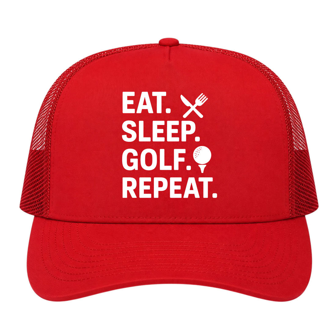 Red Eat Sleep Golf Repeat Golf Trucker Hat