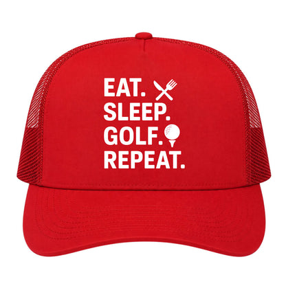 Red Eat Sleep Golf Repeat Golf Trucker Hat