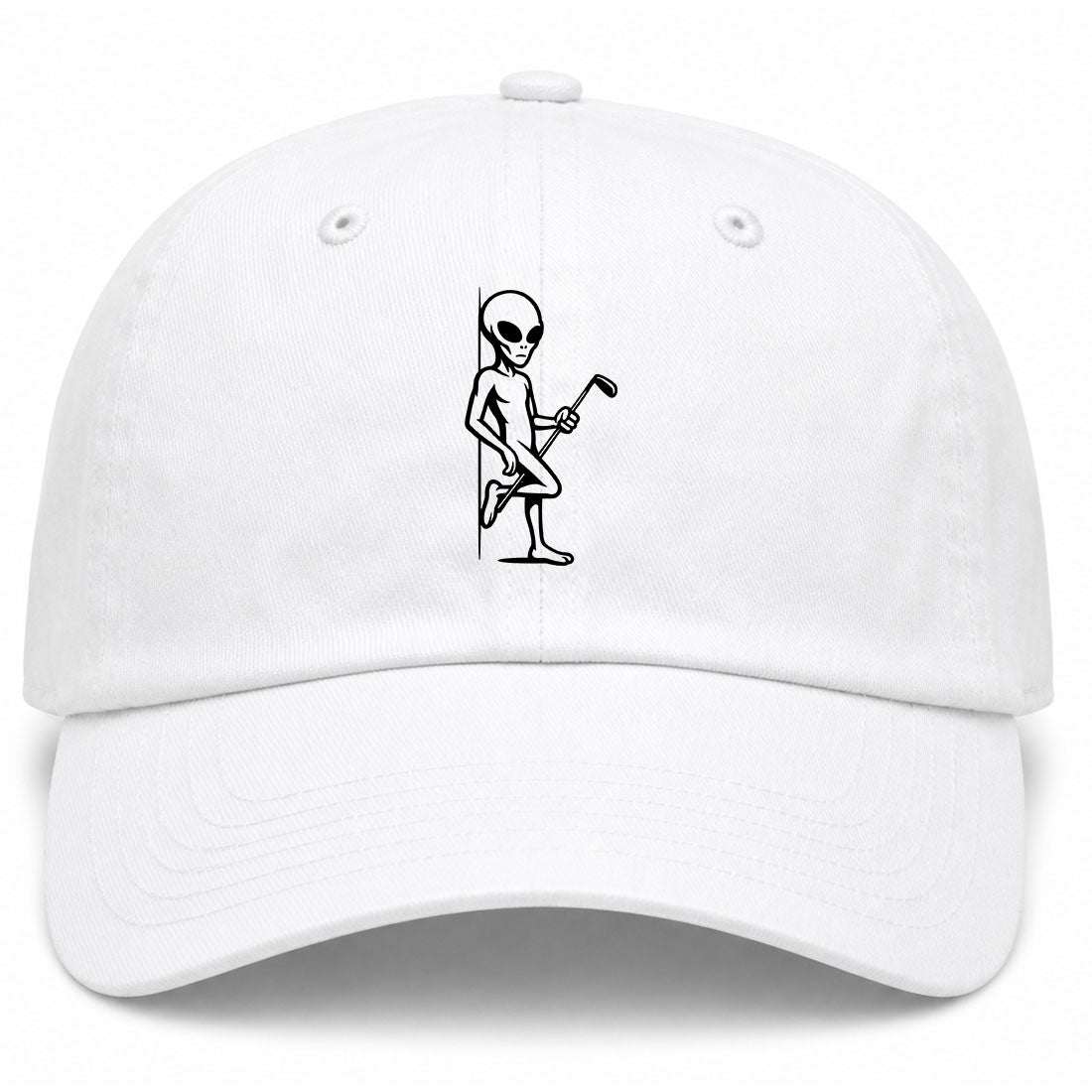 White Flirty Alien With Golf Club Golf Dad Hat