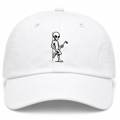 White Flirty Alien With Golf Club Golf Dad Hat