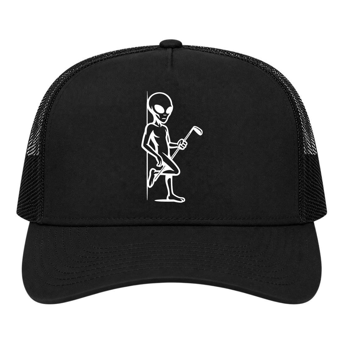 Black Flirty Alien With Golf Club Golf Trucker Hat
