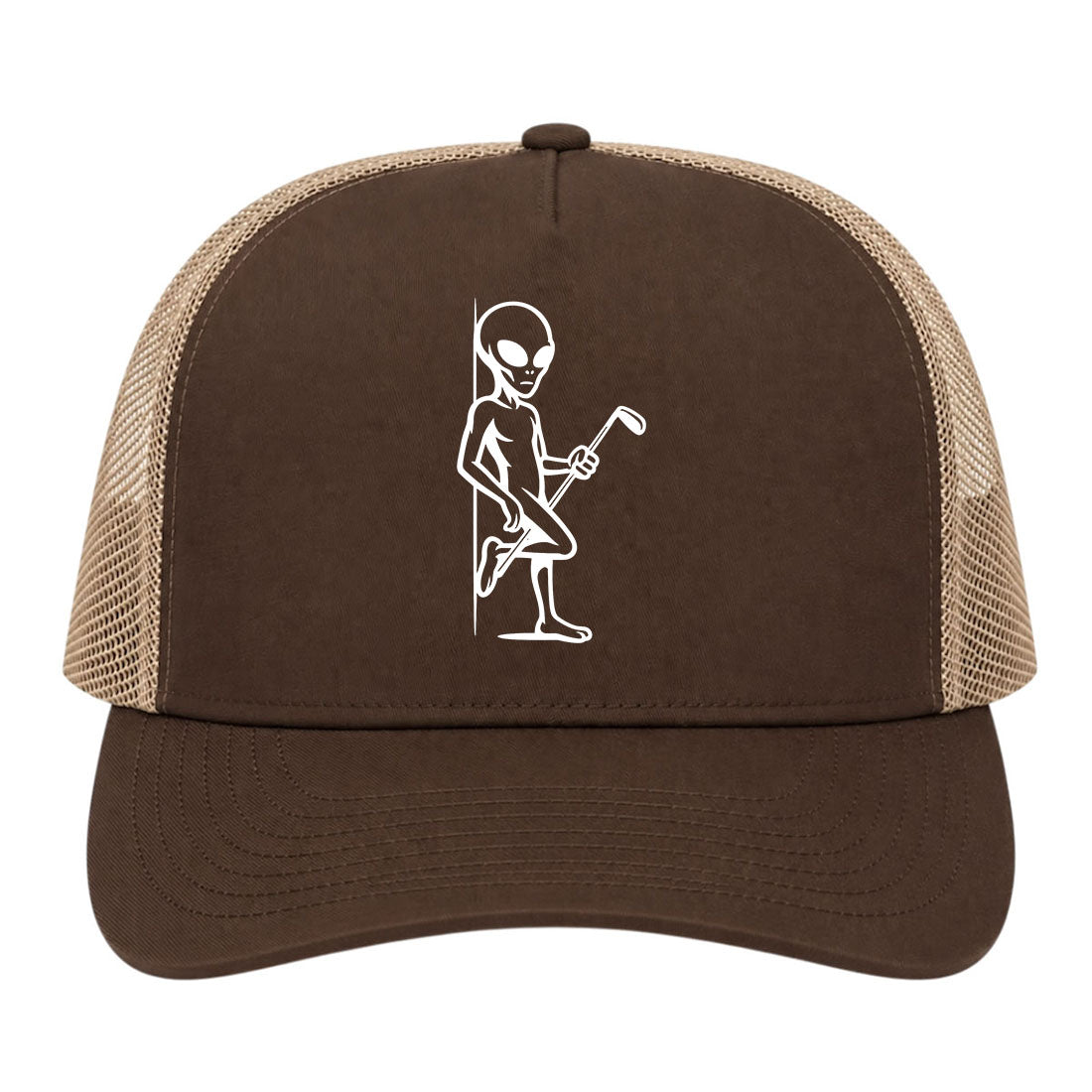 Brown Flirty Alien With Golf Club Golf Trucker Hat