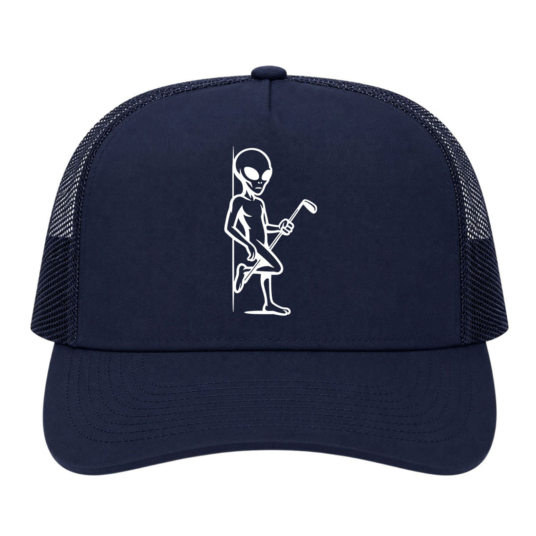 Navy Blue Flirty Alien With Golf Club Golf Trucker Hat