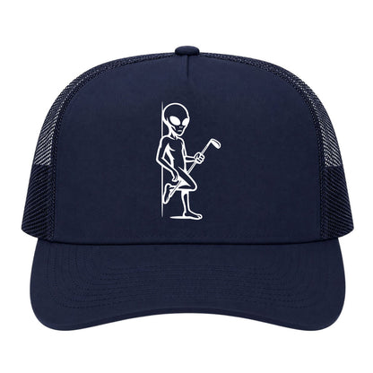 Navy Blue Flirty Alien With Golf Club Golf Trucker Hat