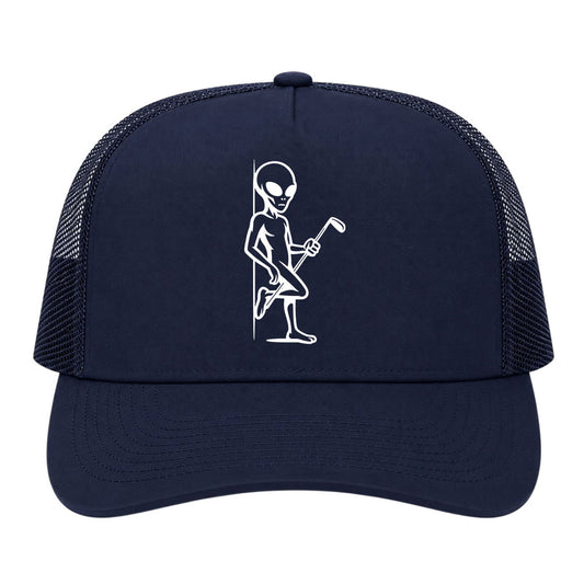 Navy Blue Flirty Alien With Golf Club Golf Trucker Hat