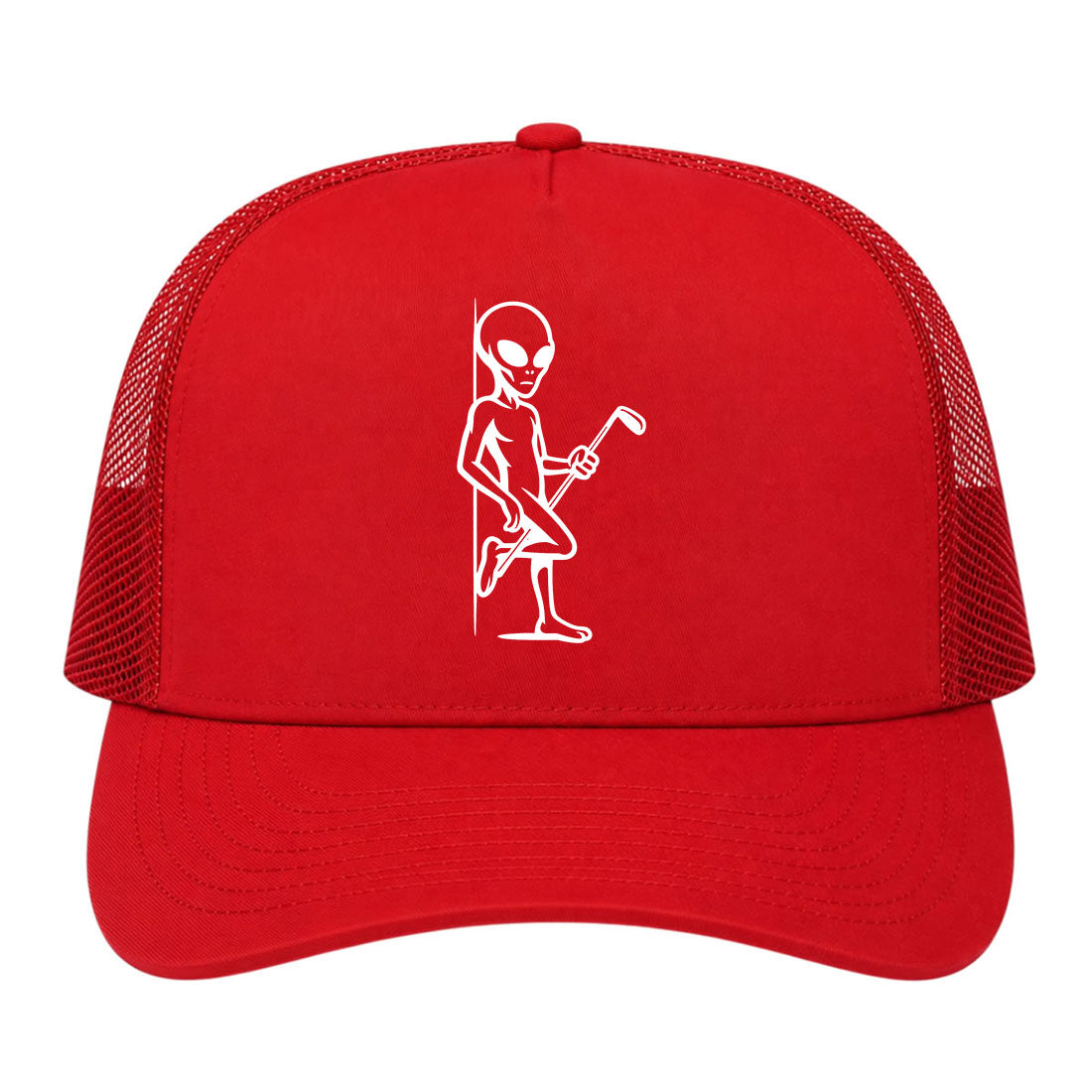 Red Flirty Alien With Golf Club Golf Trucker Hat