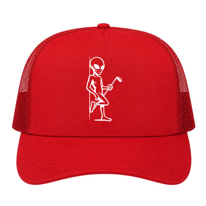 Red Flirty Alien With Golf Club Golf Trucker Hat