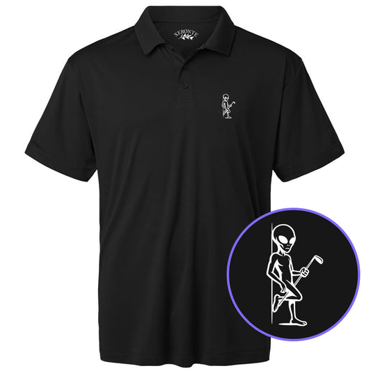 Black Flirty Alien With Golf Club Men's Golf Polo Shirt