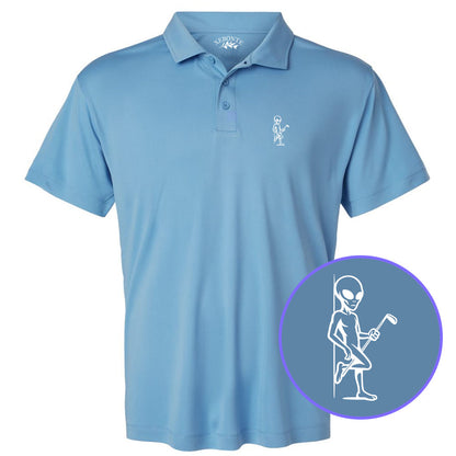 Carolina Blue Flirty Alien With Golf Club Men's Golf Polo Shirt