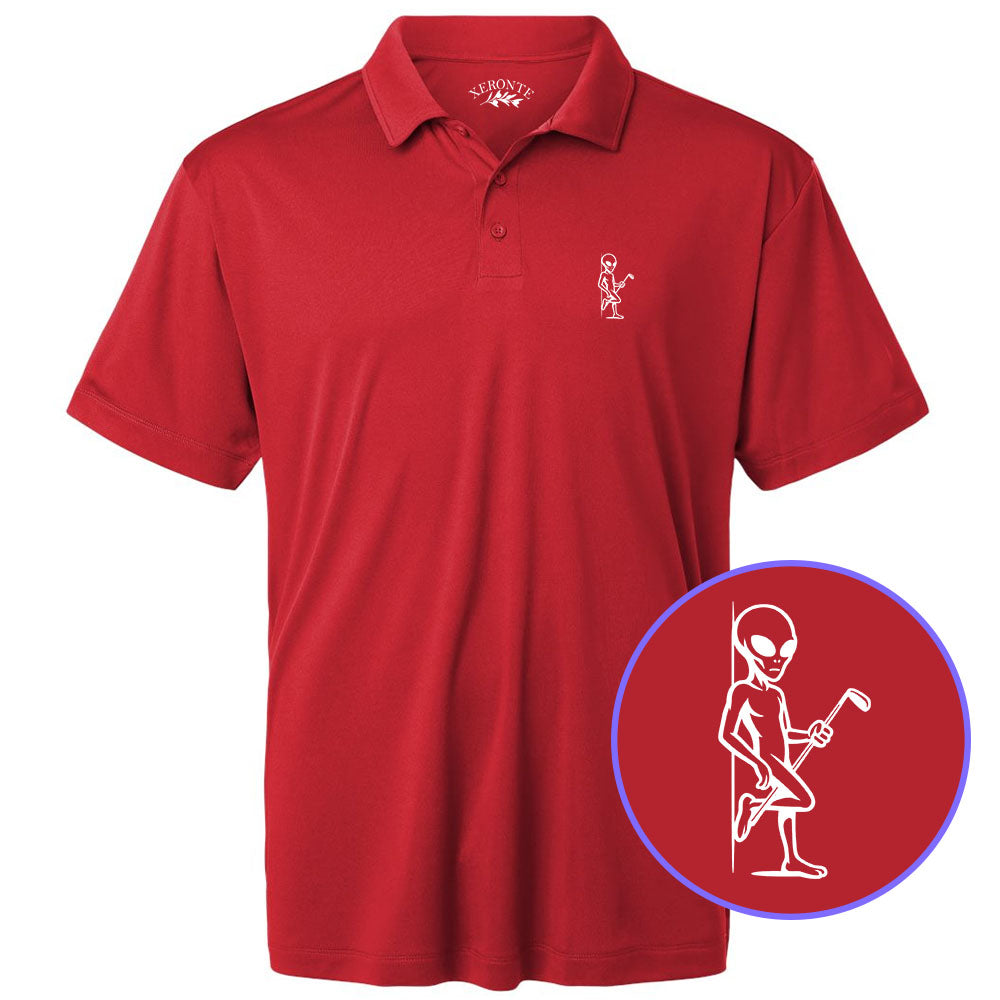 Red Flirty Alien With Golf Club Men's Golf Polo Shirt