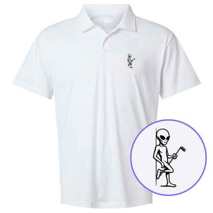 White Flirty Alien With Golf Club Men's Golf Polo Shirt