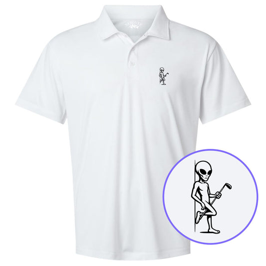 White Flirty Alien With Golf Club Men's Golf Polo Shirt