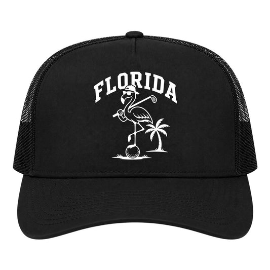 Black Florida Flamingo Golf Trucker Hat