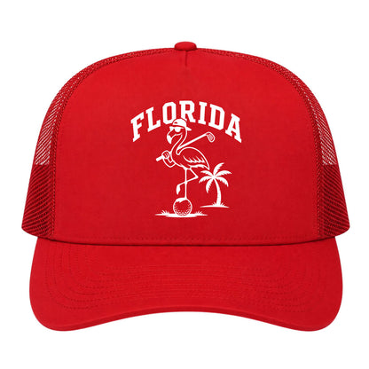 Red Florida Flamingo Golf Trucker Hat
